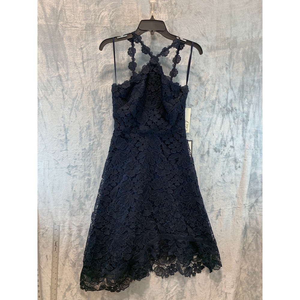 Eliza J Navy Blue Floral Guipure Lace Halter High-Low Cocktail Dress 2 EJ5M3959